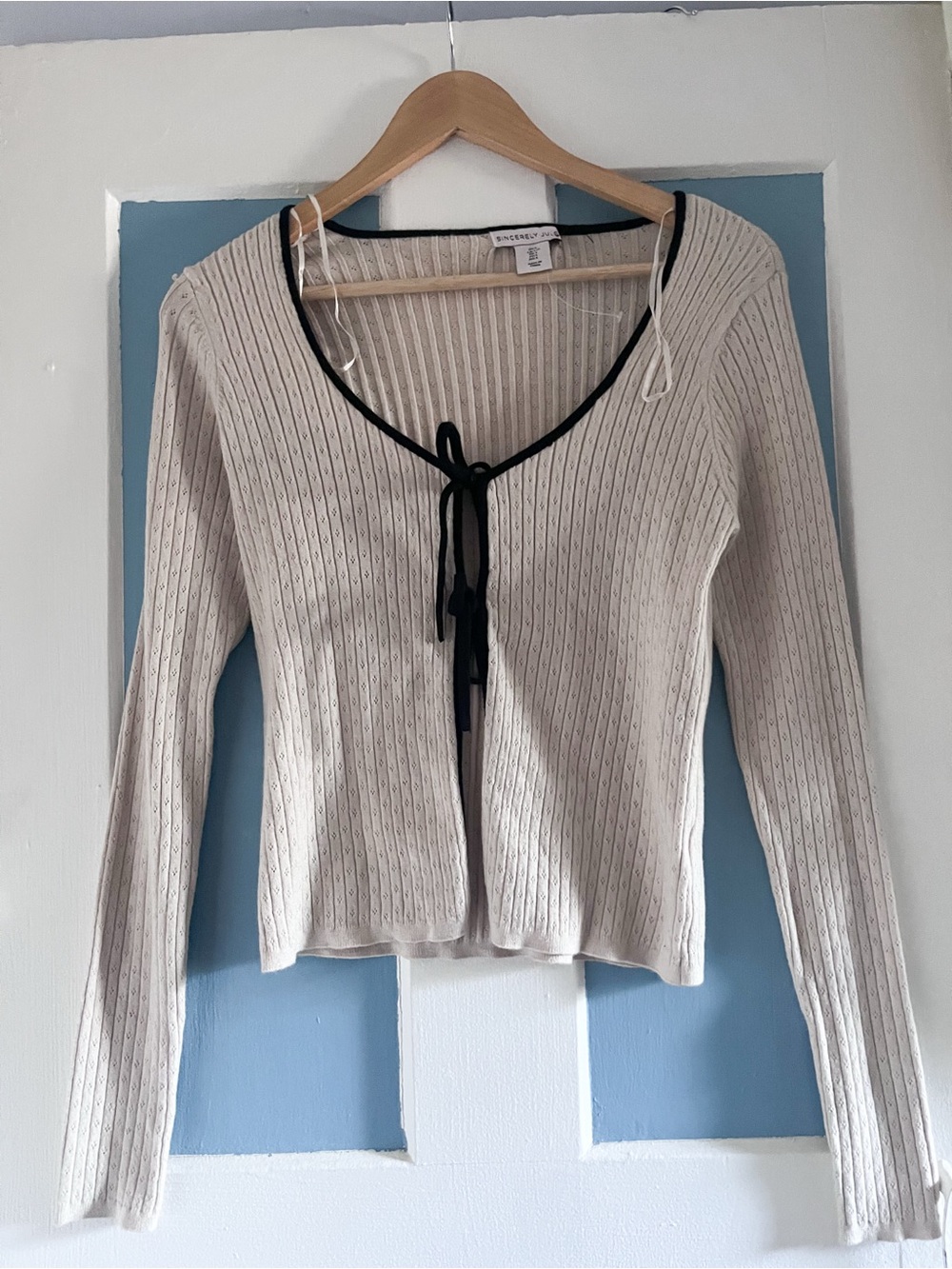 Sincerely Jules Cream Tie-Front Ribbed Long-Sleeve Top